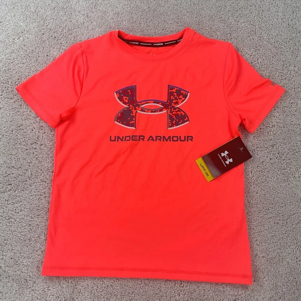 Under Armour Boys‎ Youth Small Neon Orange UPF 50+ Swim Shirt Rash Guard NWT